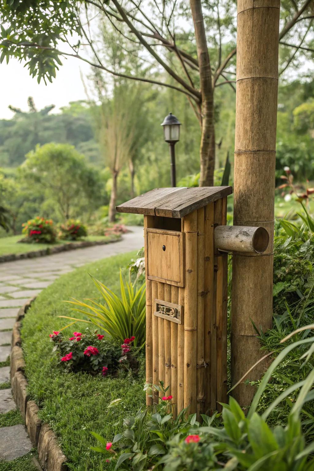 A sustainable mailbox crafted from bamboo and recycled materials.