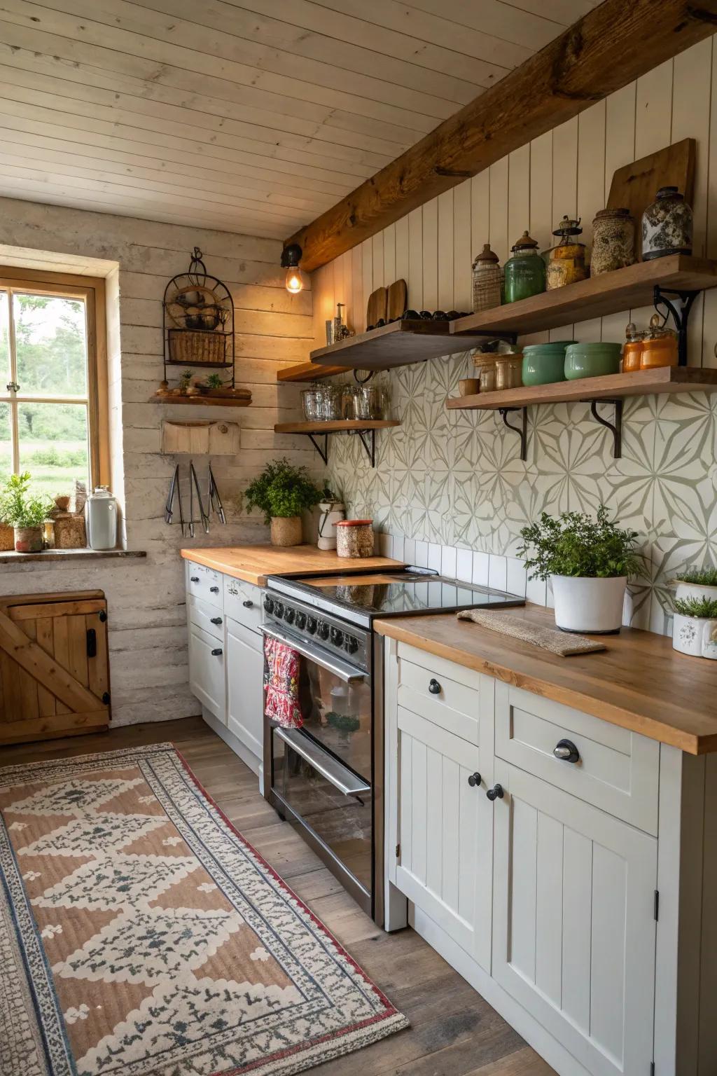 A kitchen featuring wood-look wallpaper for a cozy, rustic feel.