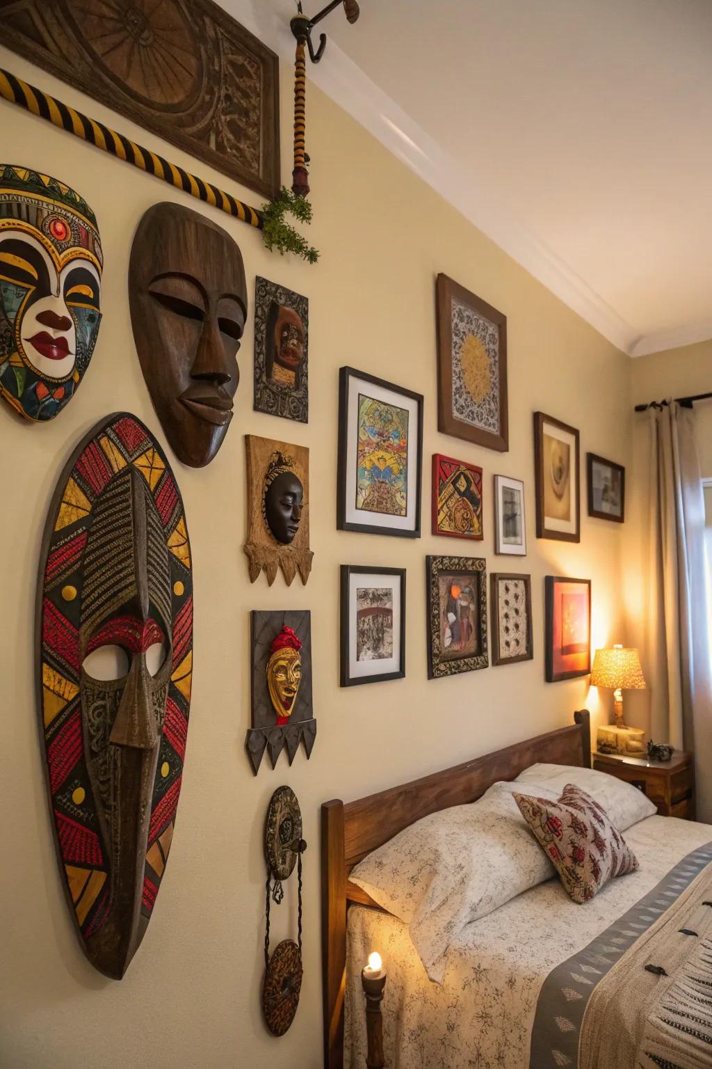 A dynamic gallery wall featuring African paintings and masks in a bedroom.