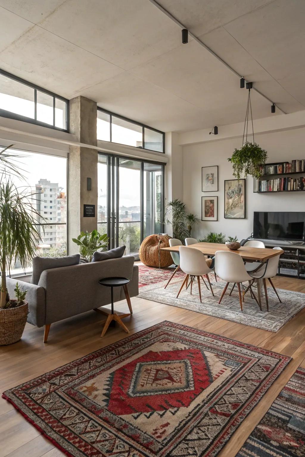 Define spaces in your apartment with strategically placed rugs.