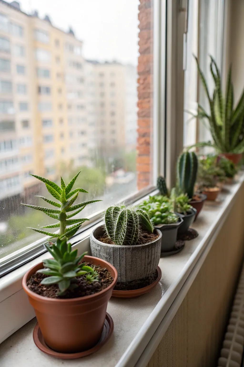 Utilizing window ledges for a touch of indoor greenery.