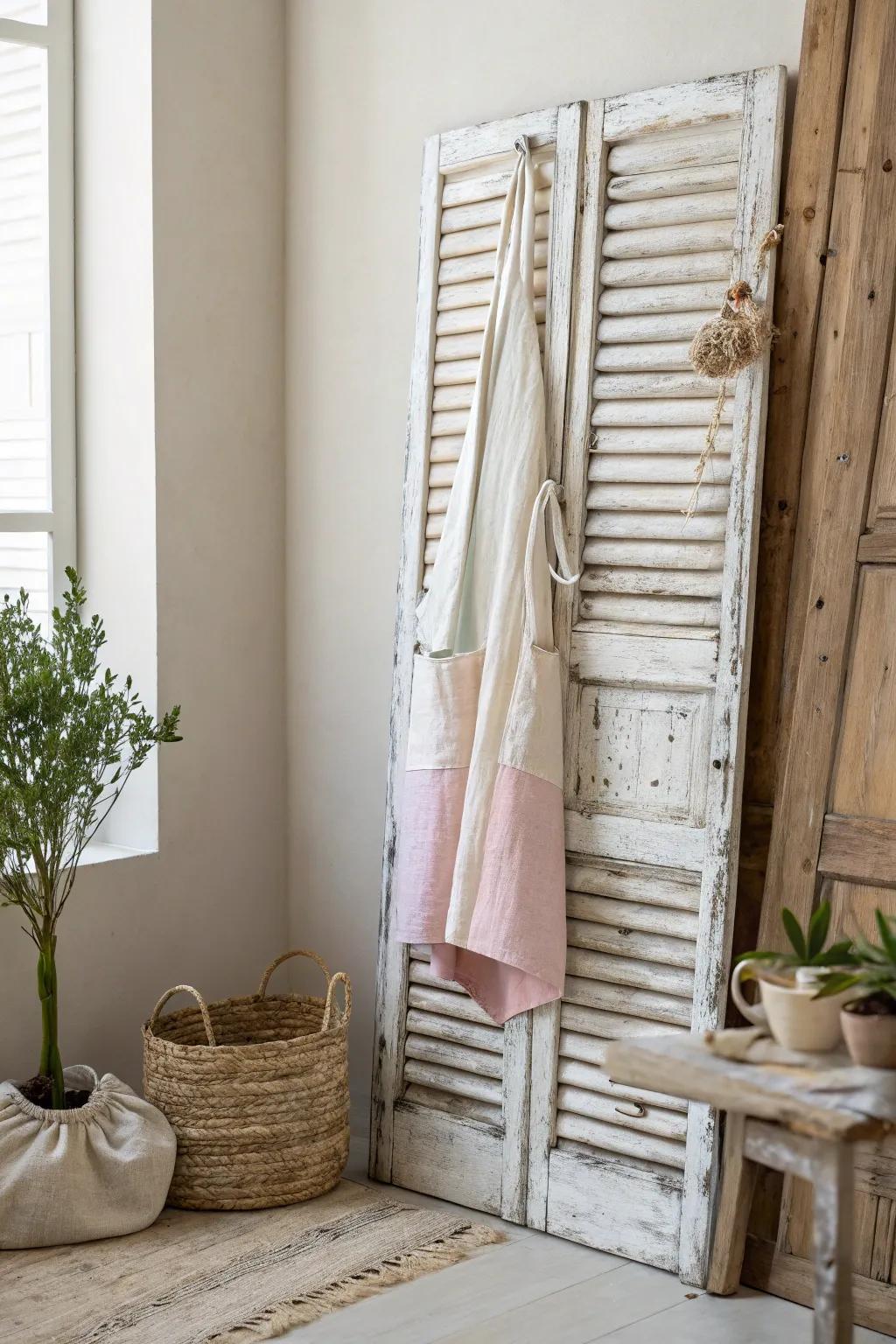 Transform your space with a touch of vintage charm: repurpose old shutters for a chic apron display.