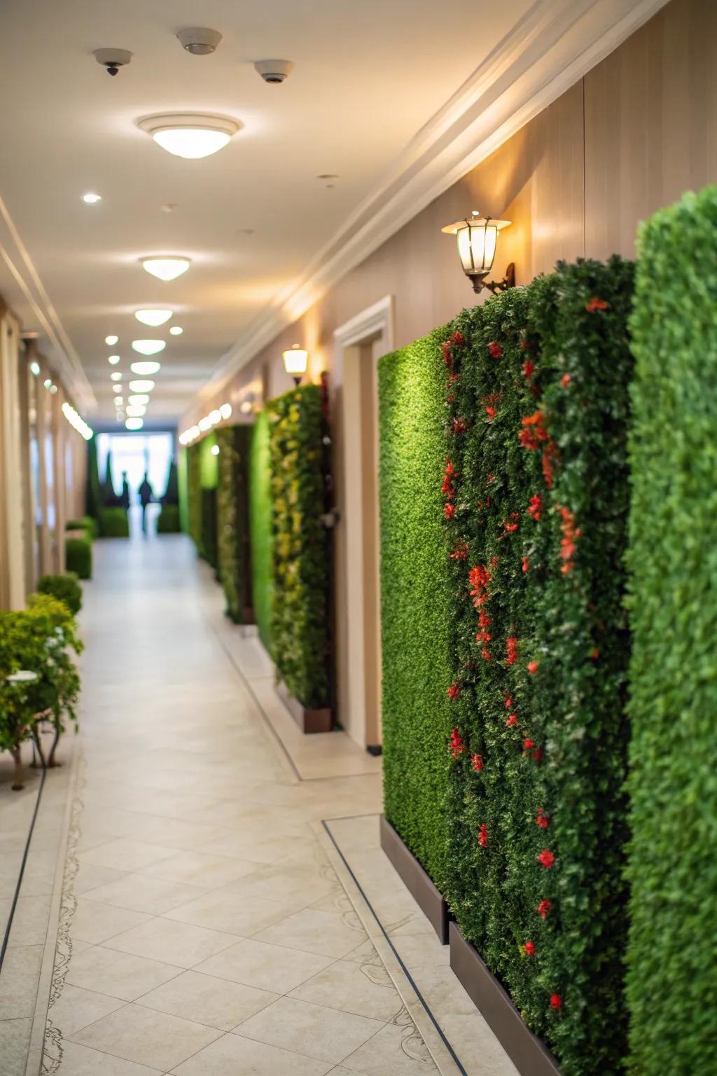 Transform a dull hallway into a vibrant space with artificial hedges.