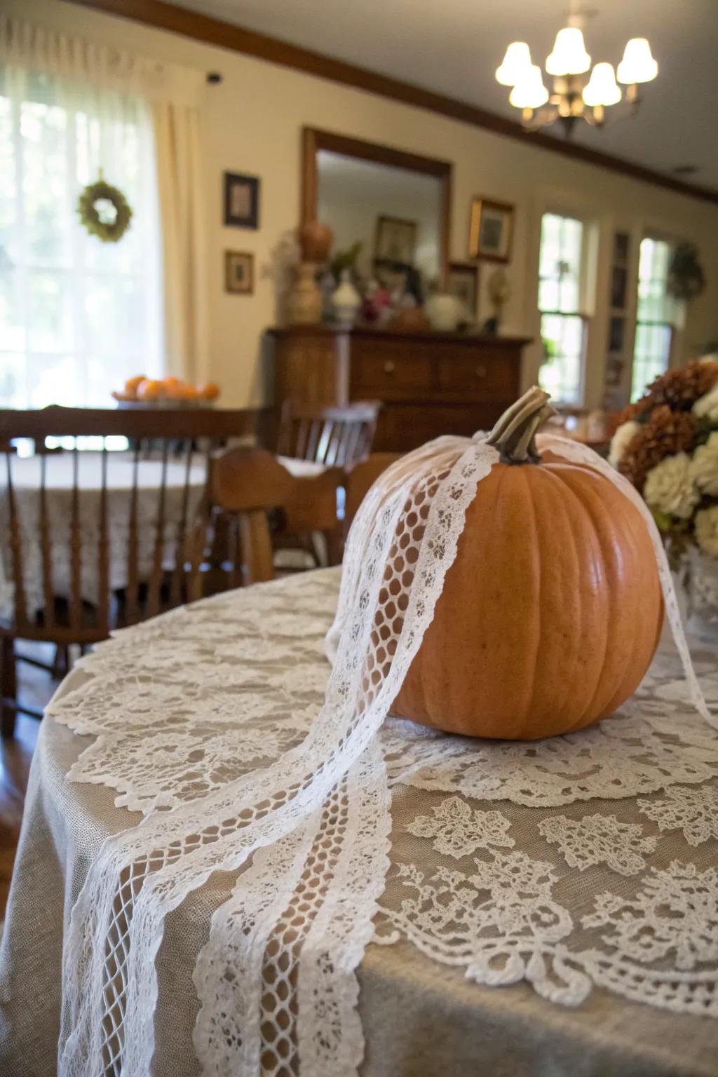 A lace-covered pumpkin, exuding elegance and charm.