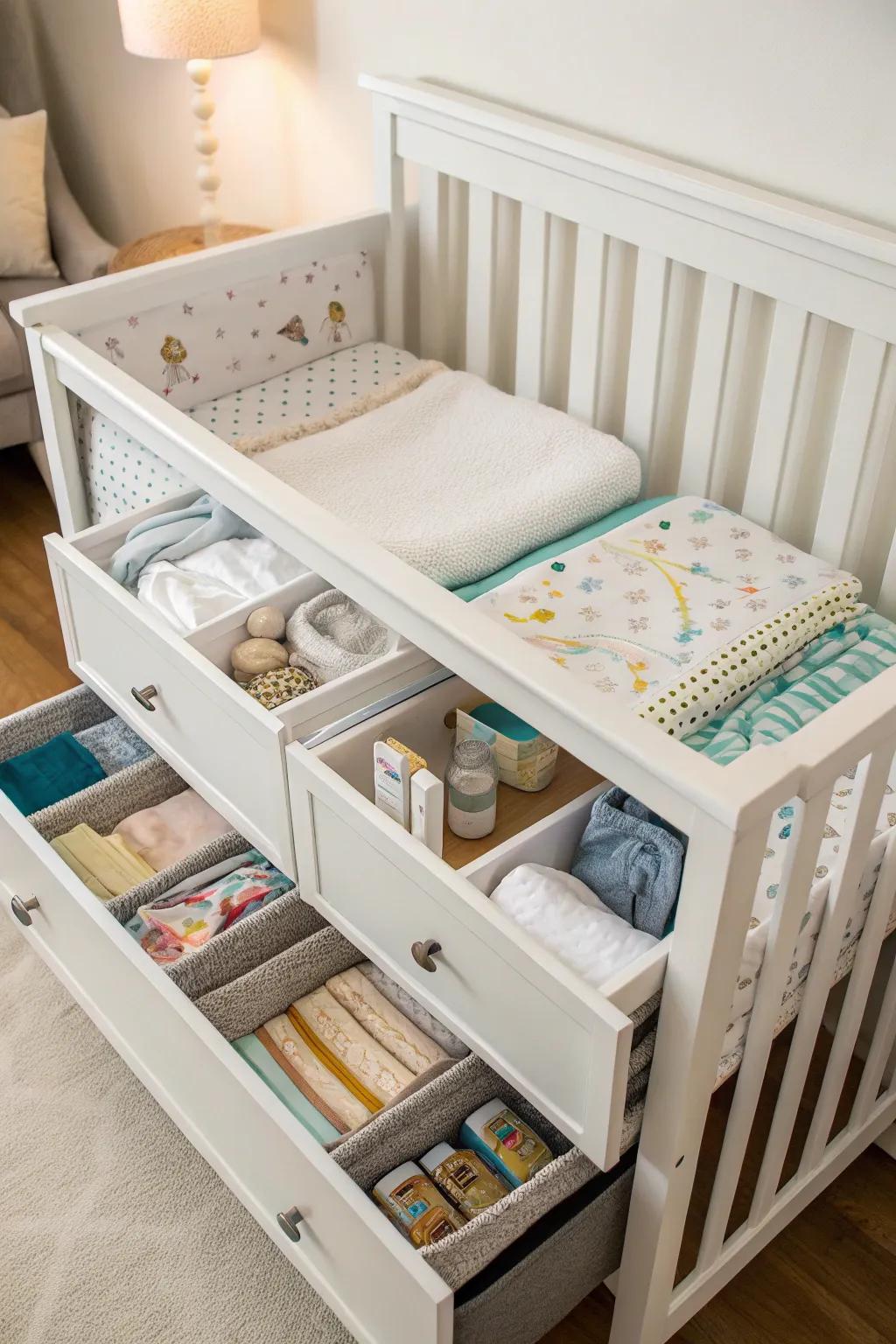 Under-crib storage is a smart way to keep a small nursery tidy.