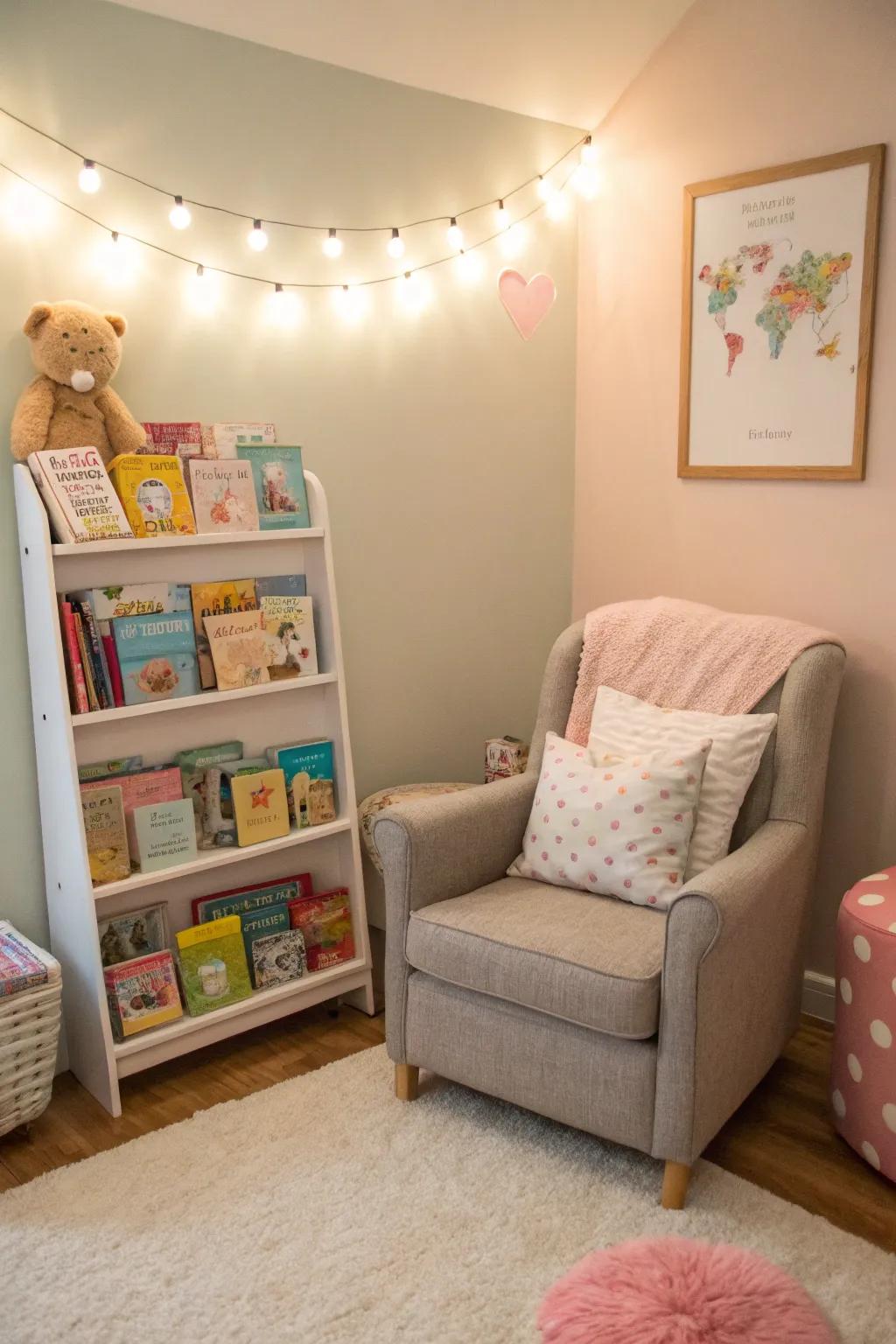 A reading nook fosters a love for books from an early age.