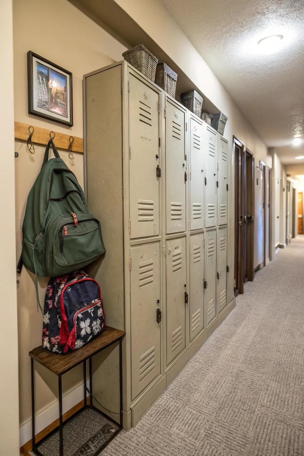 Metal lockers add a vintage touch and provide secure storage.