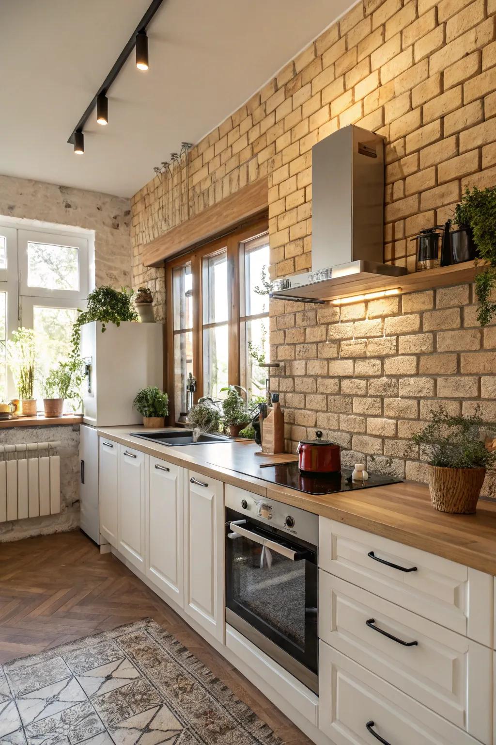 Light brick offers a rustic and warm kitchen ambiance.