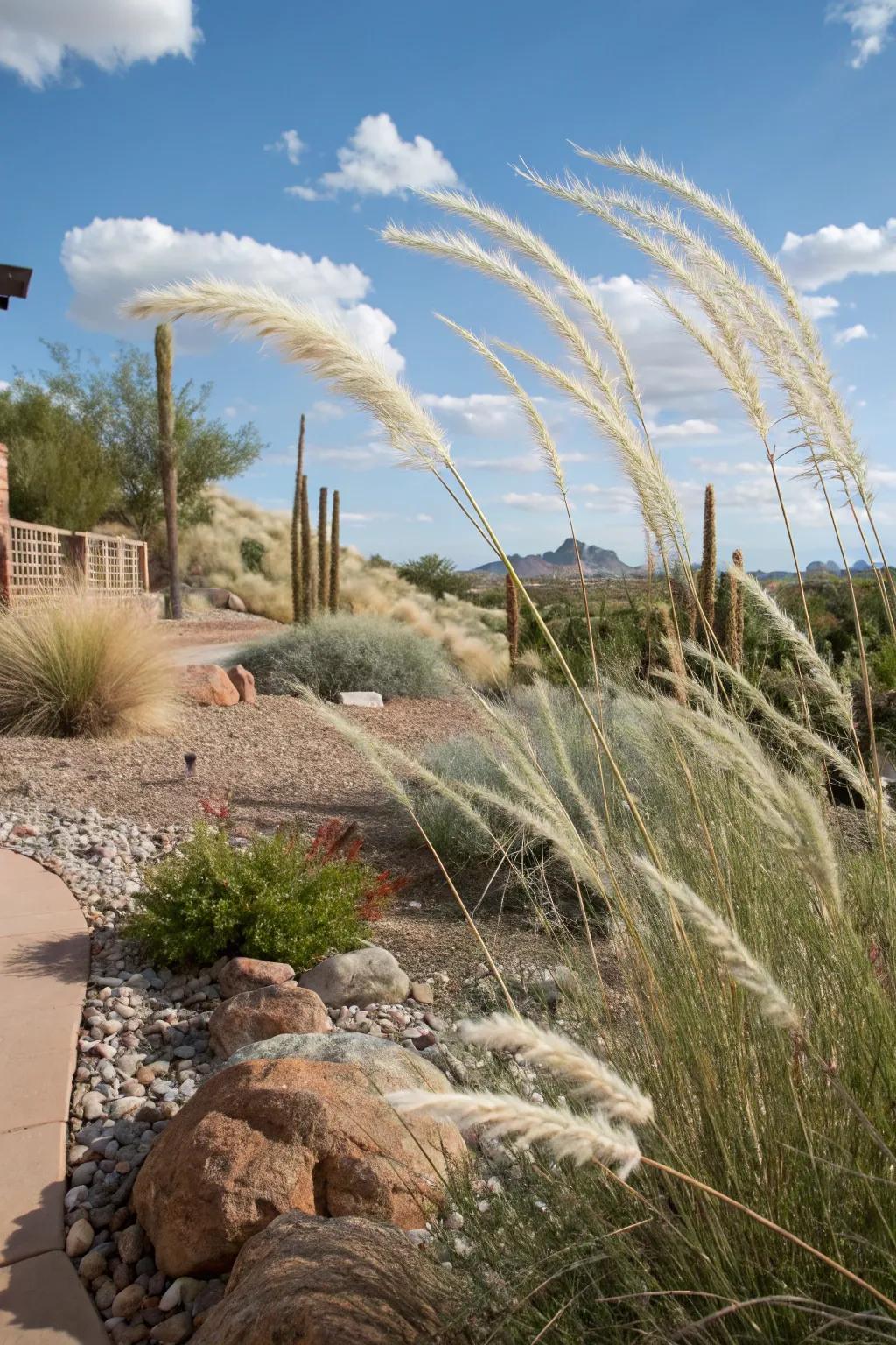 Ornamental grasses add movement and texture to a desert backyard.