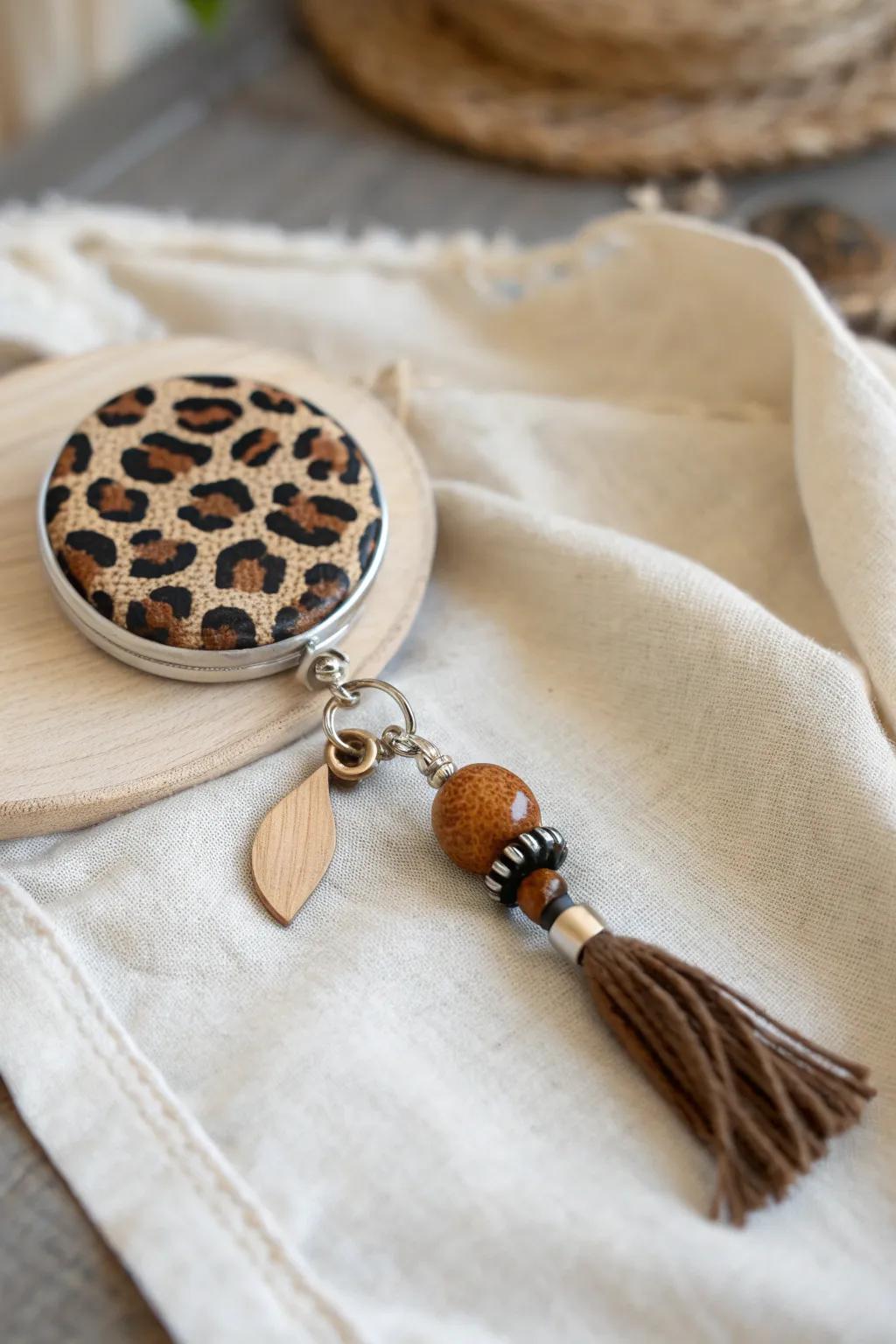 Elevate your style with this chic leopard print badge reel, where minimalist elegance meets a touch of boho flair.