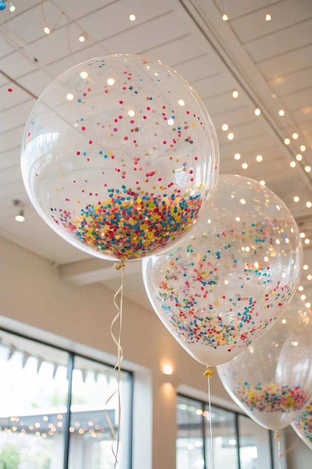 Confetti-filled balloons adding sparkle to the decor.