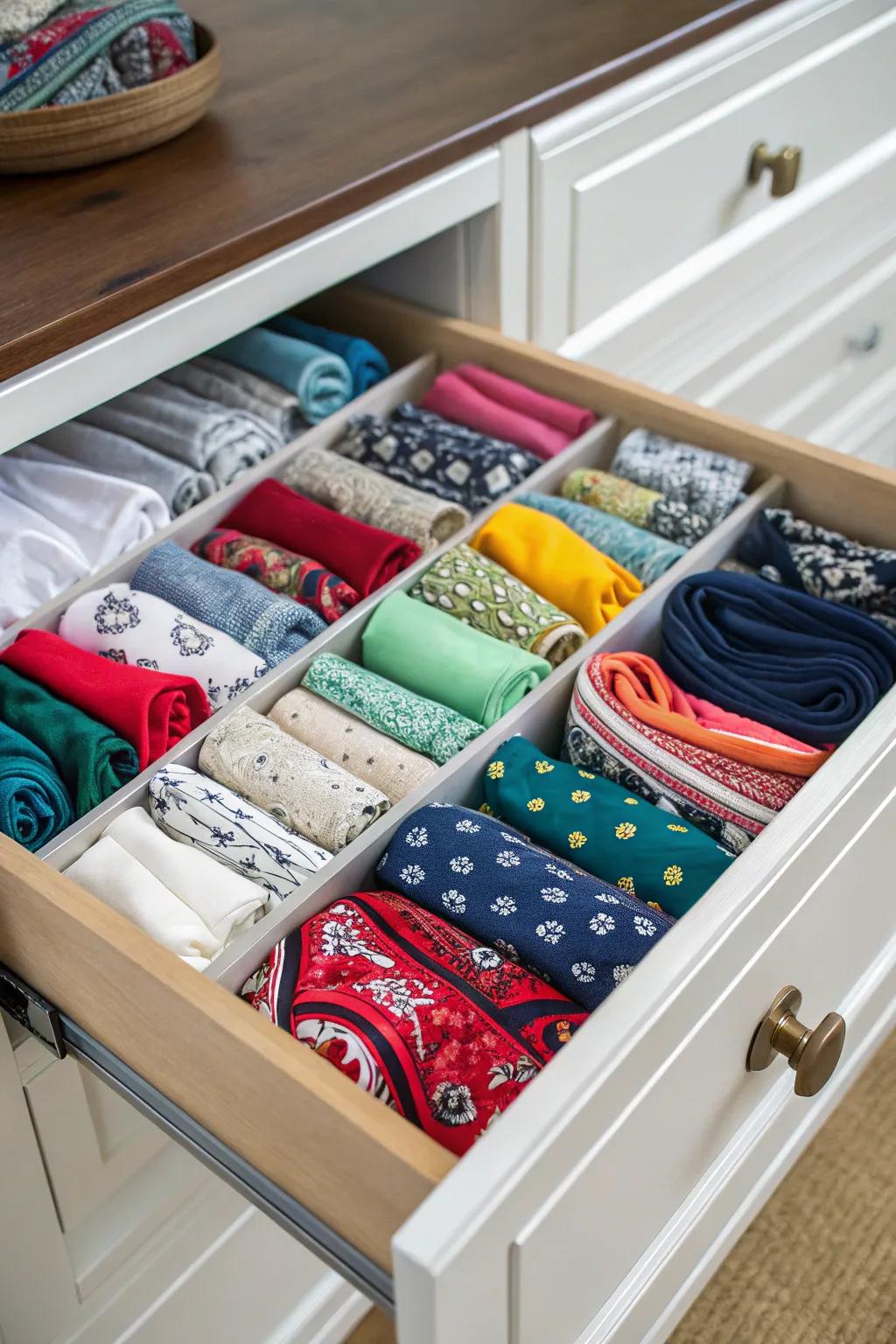 Bandana-lined drawers offer a delightful surprise of color.