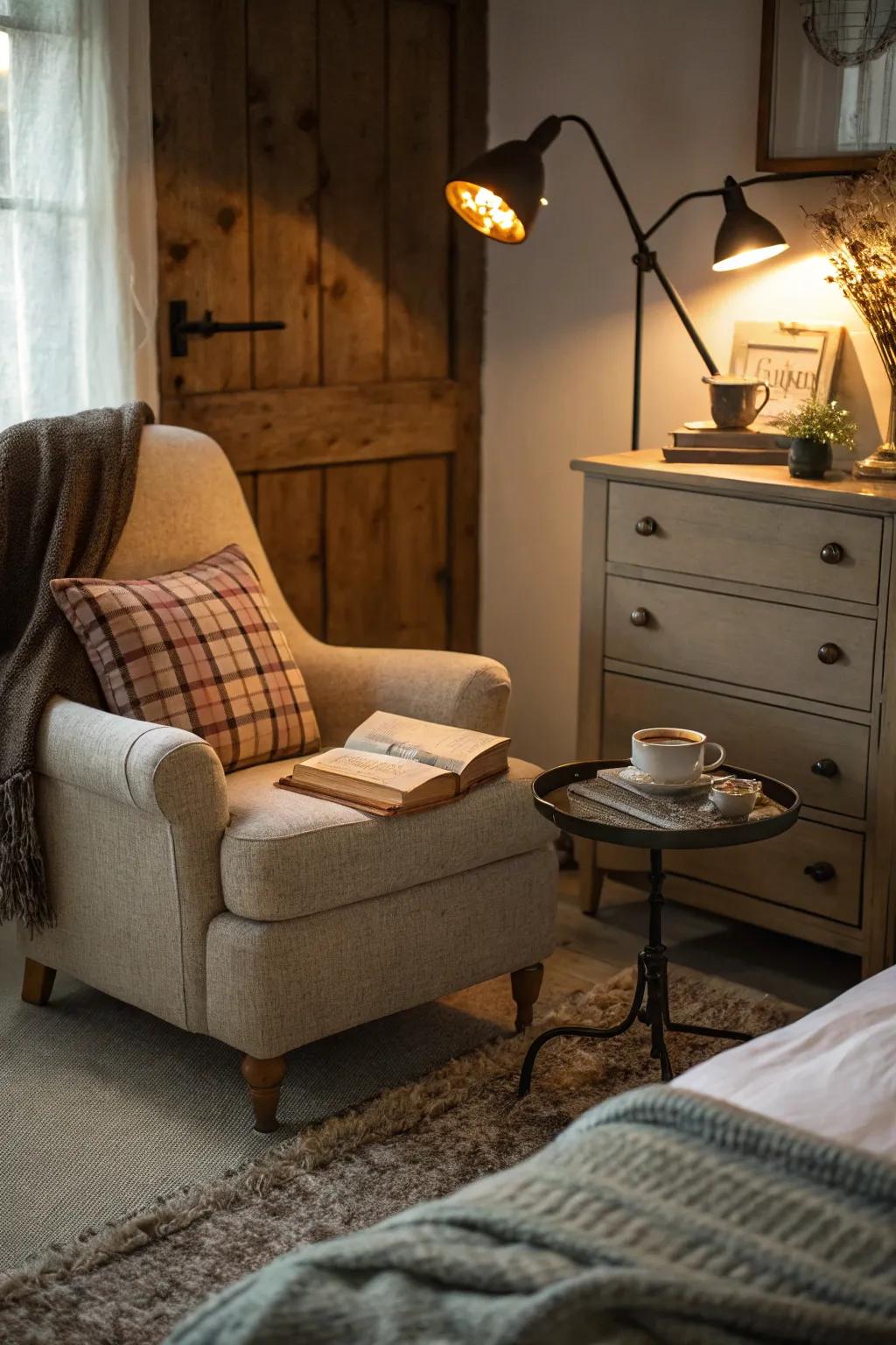 Barn lights as bedside lamps add rustic charm to bedrooms.