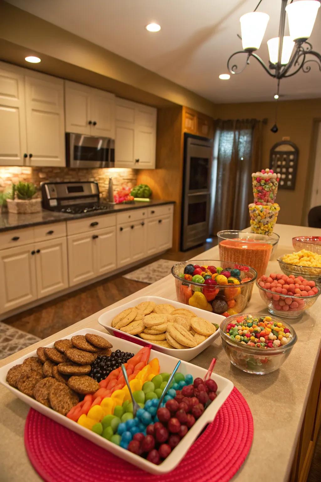 A snack station makes the basement kitchen a fun gathering spot.