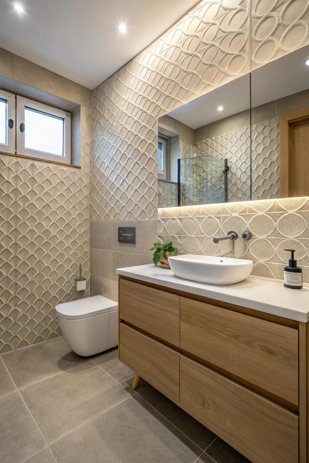 Textured tiles on the bulkhead create visual interest.