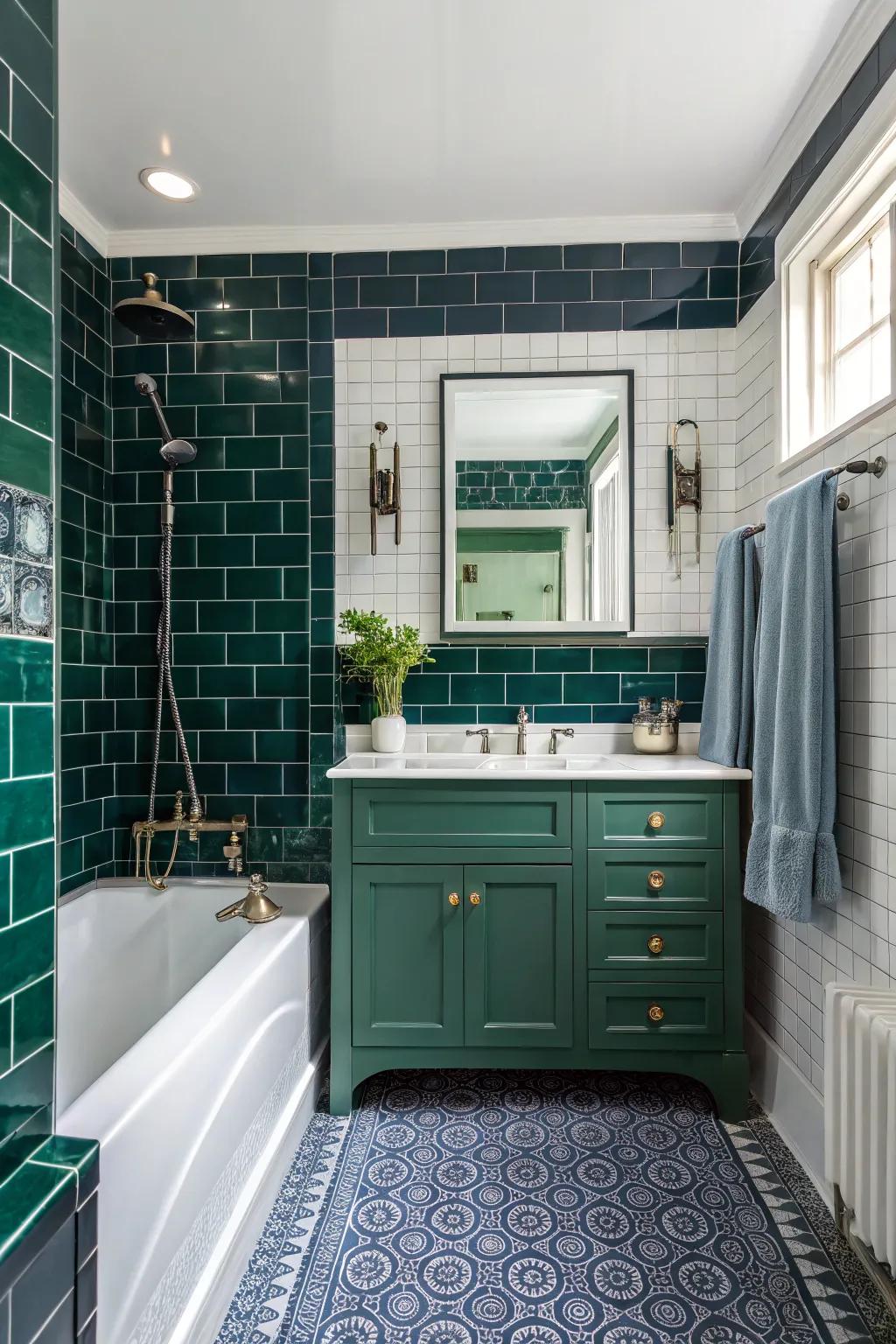 A bathroom with a bold color scheme featuring navy and deep green.