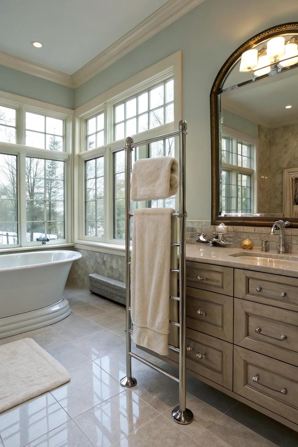 Freestanding towel racks add elegance and flexibility to your bathroom layout.