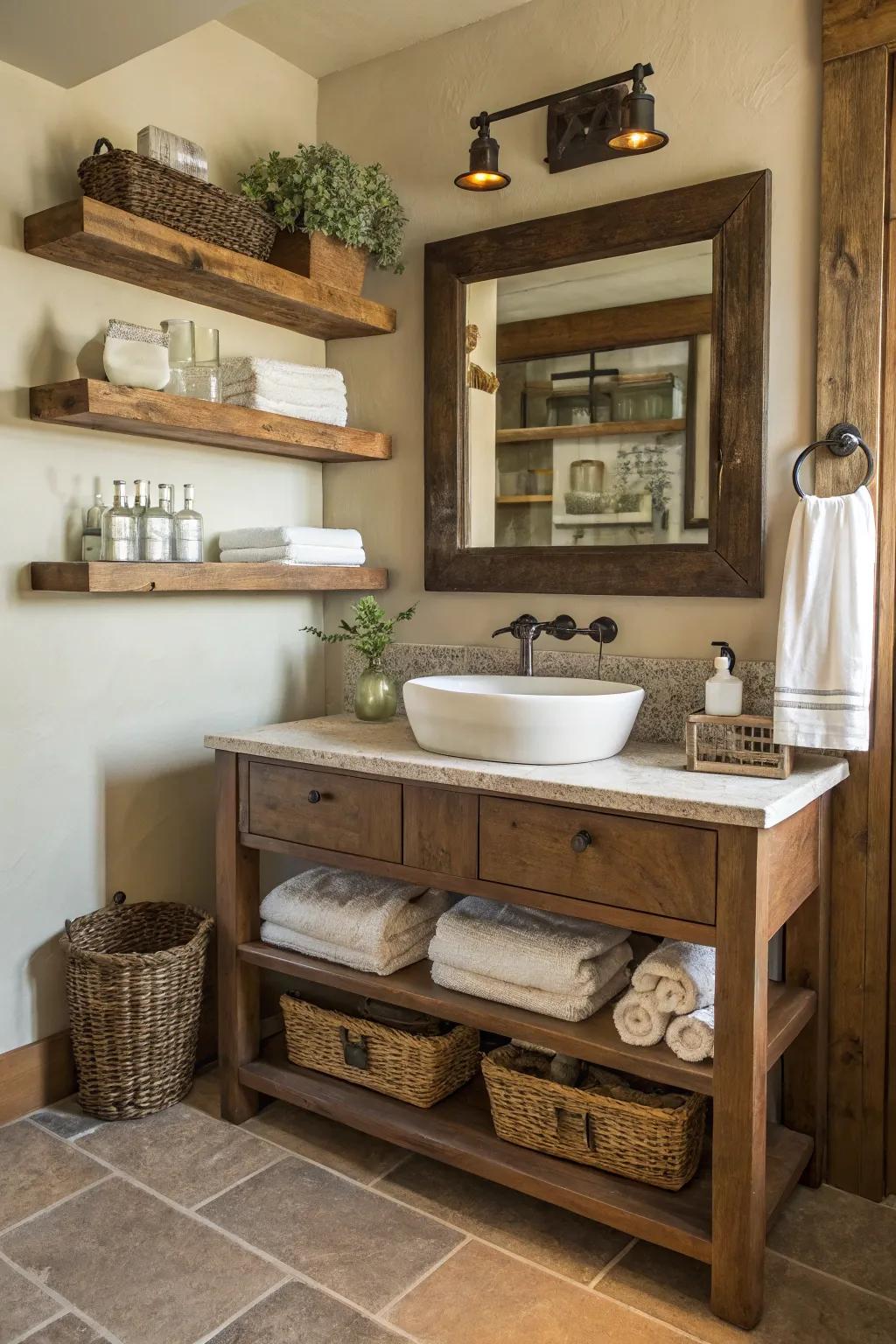 Wood accents bring warmth to this otherwise minimalist bathroom.