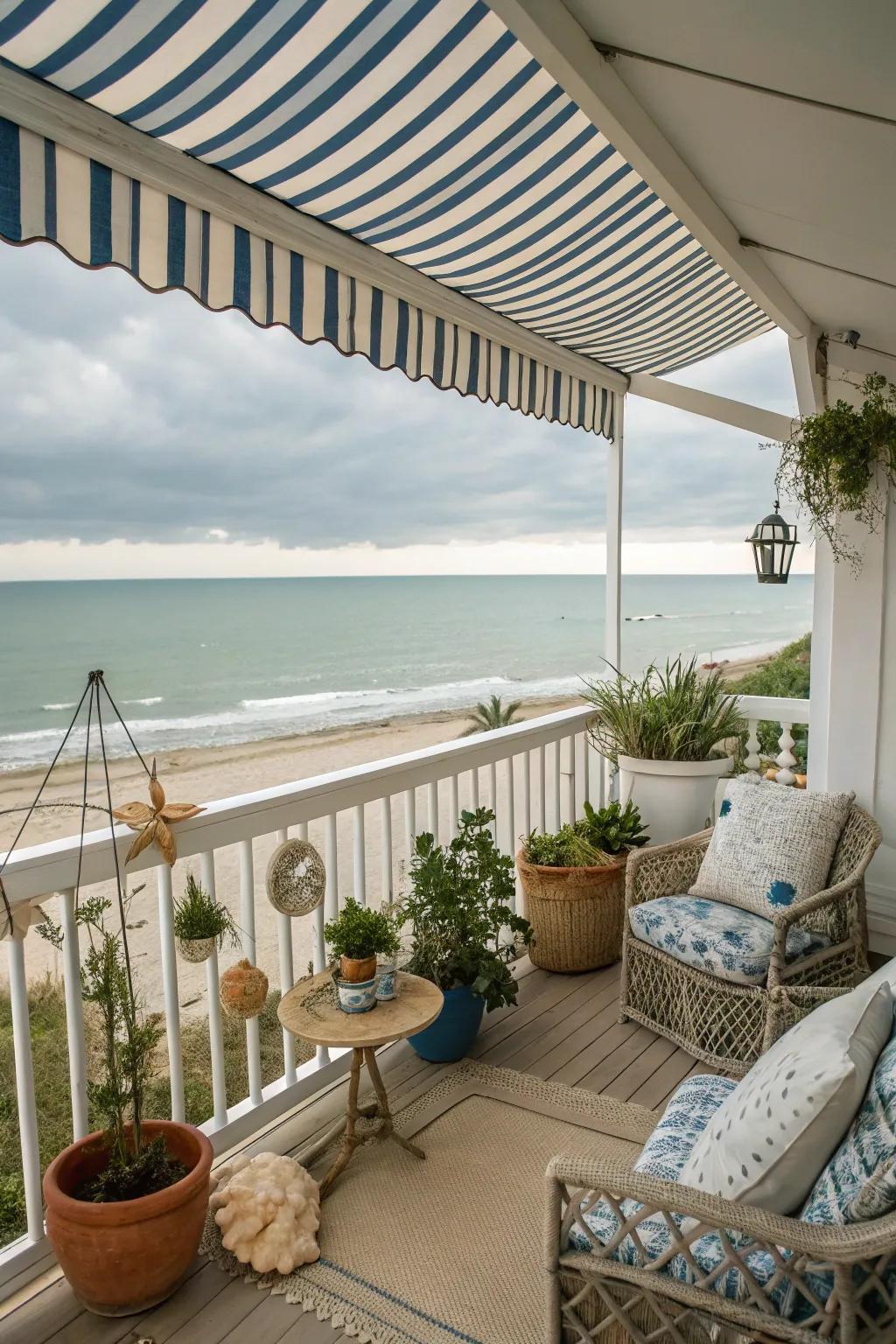 A striped awning adds both style and functionality to your balcony.