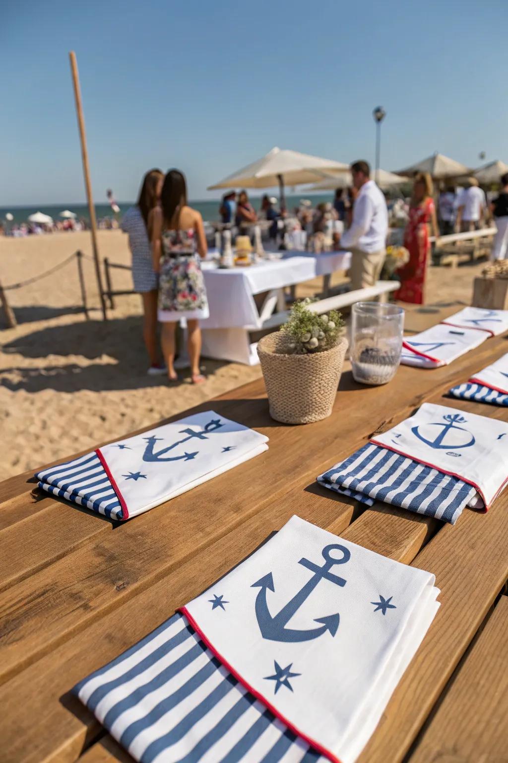 Sophisticated nautical table settings perfect for a beach party.