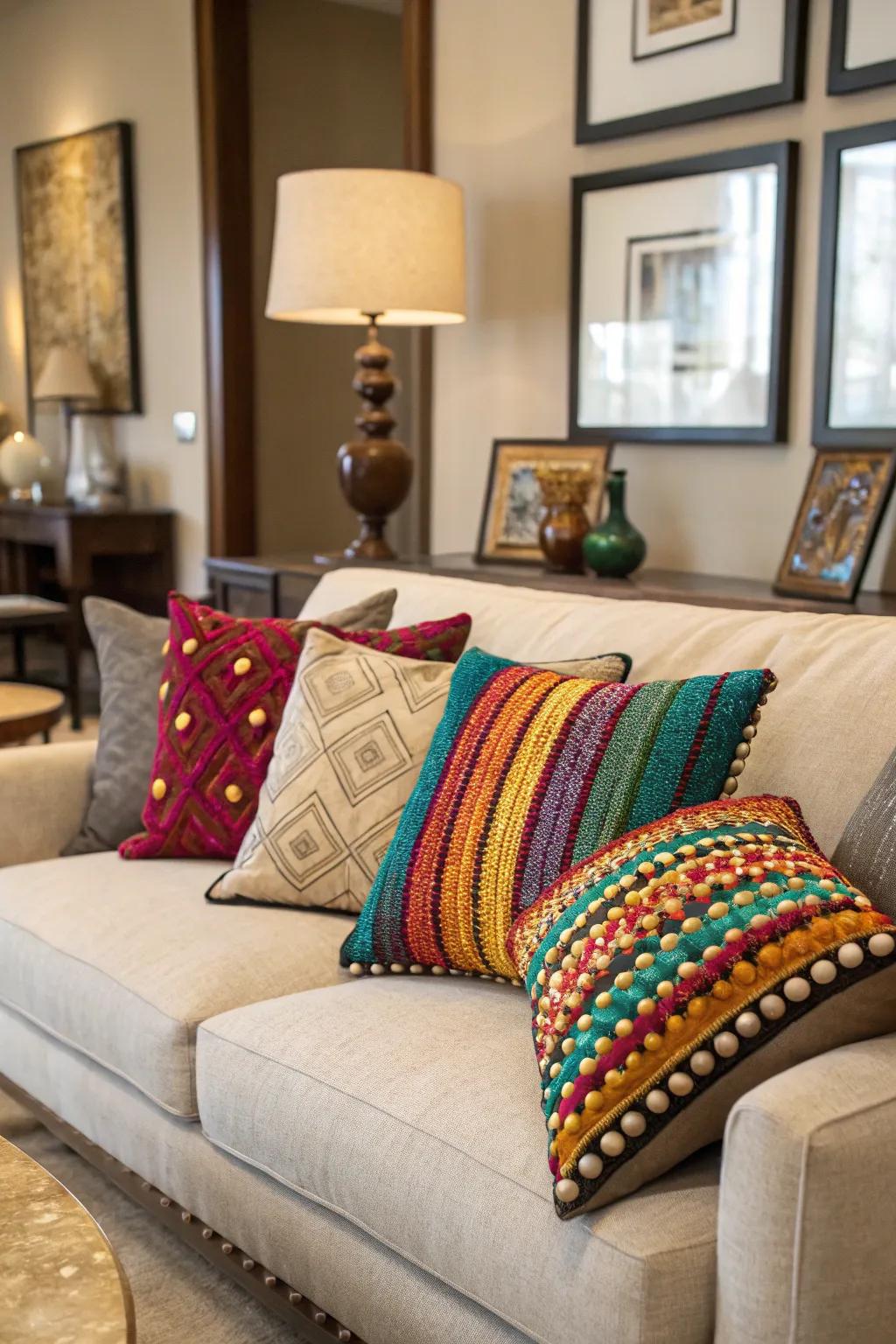 Bead-embellished pillows bringing texture and style to the sofa.