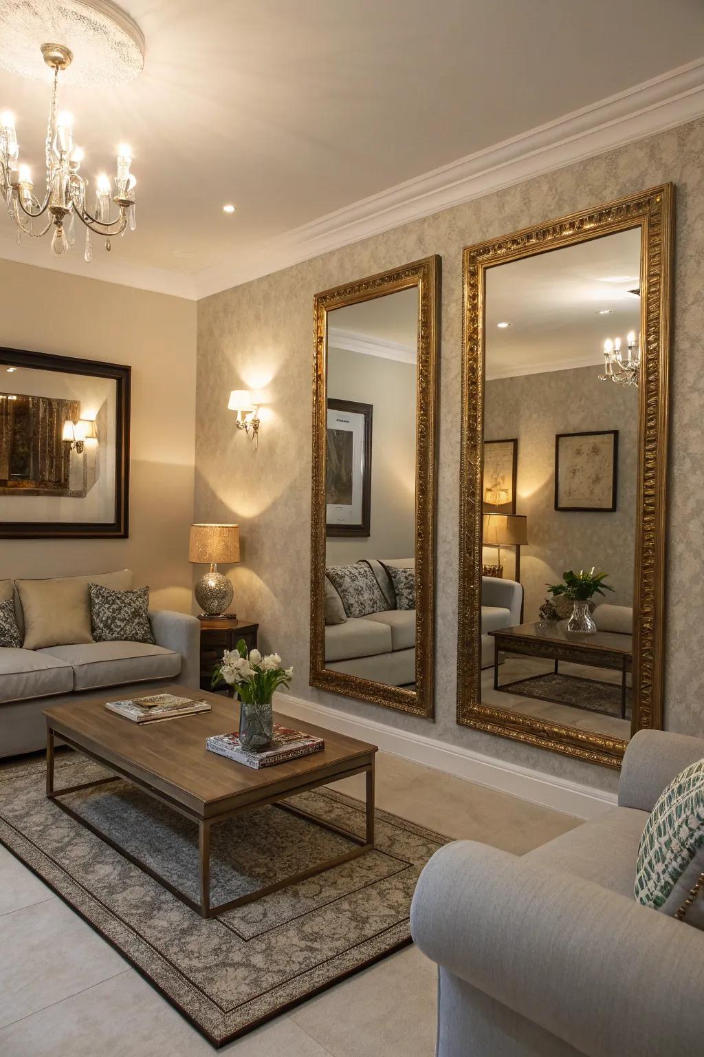 Mirrors add light and the illusion of space in this living room.