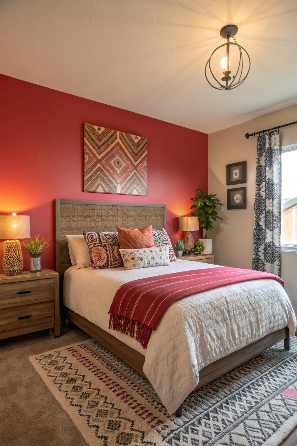 A striking bedroom with a bold painted accent wall backdrop.