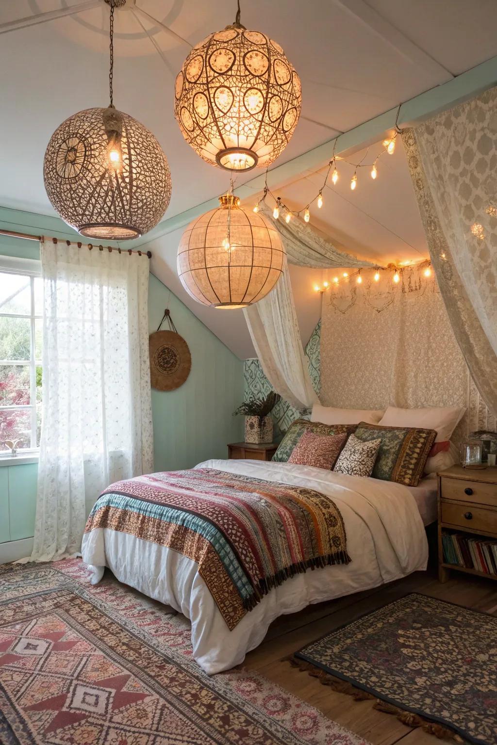 Bohemian globe lights add a whimsical and airy touch.