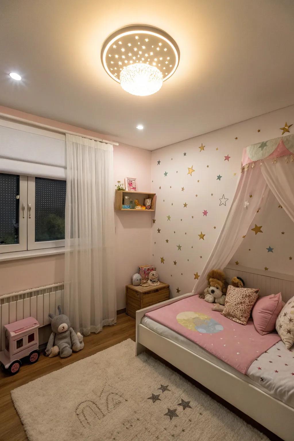 Whimsical lighting in a toddler's bedroom, creating a cozy and comforting ambiance.