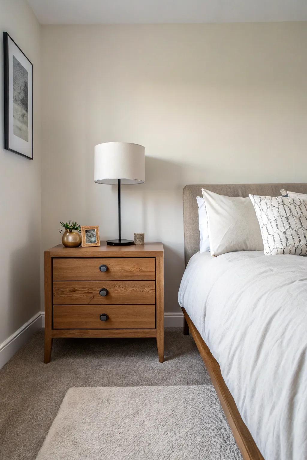 Minimal decor creates a serene and uncluttered bedroom environment.