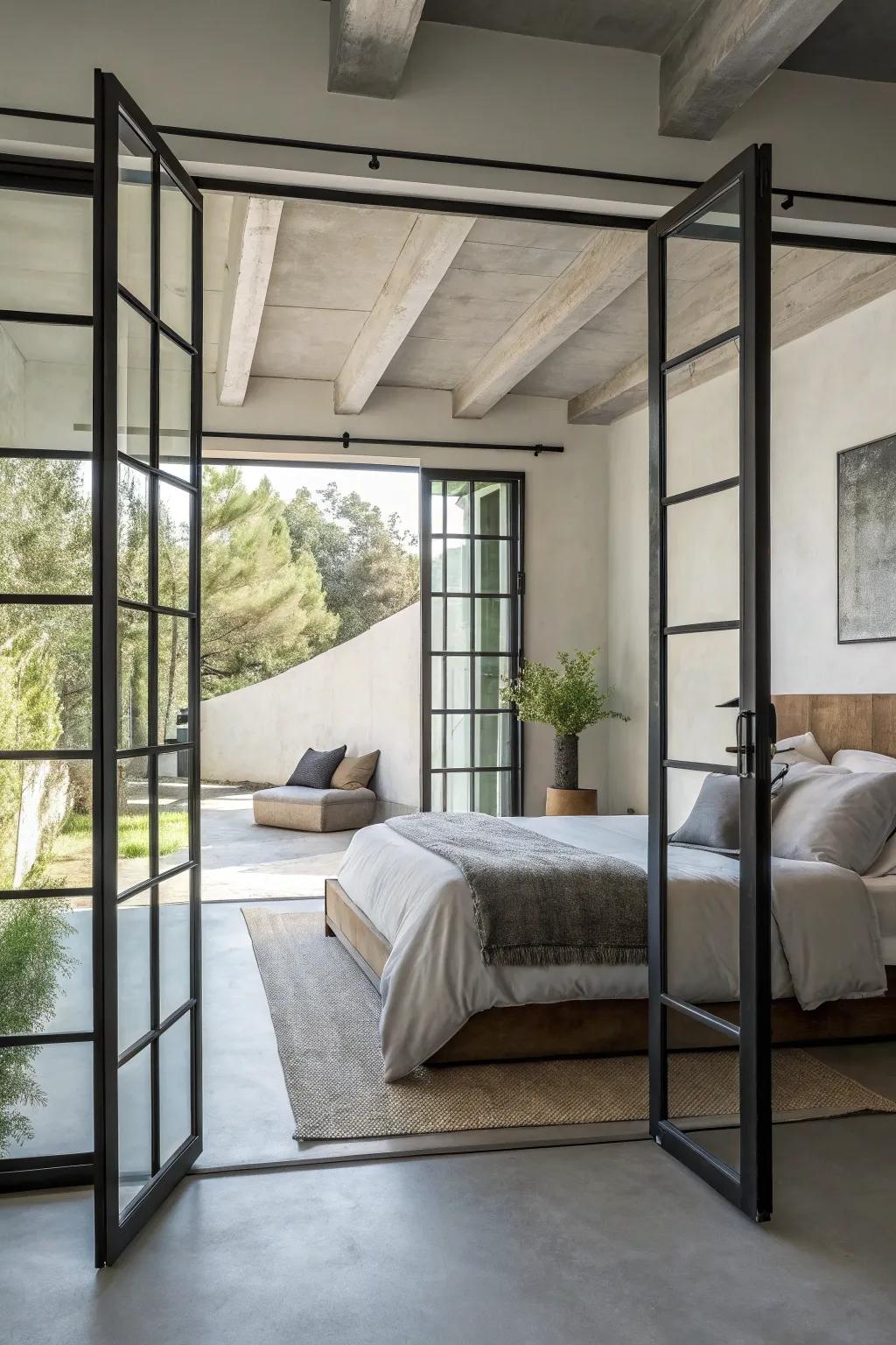 Steel-framed doors provide an industrial edge, ideal for a modern, minimalist bedroom aesthetic.