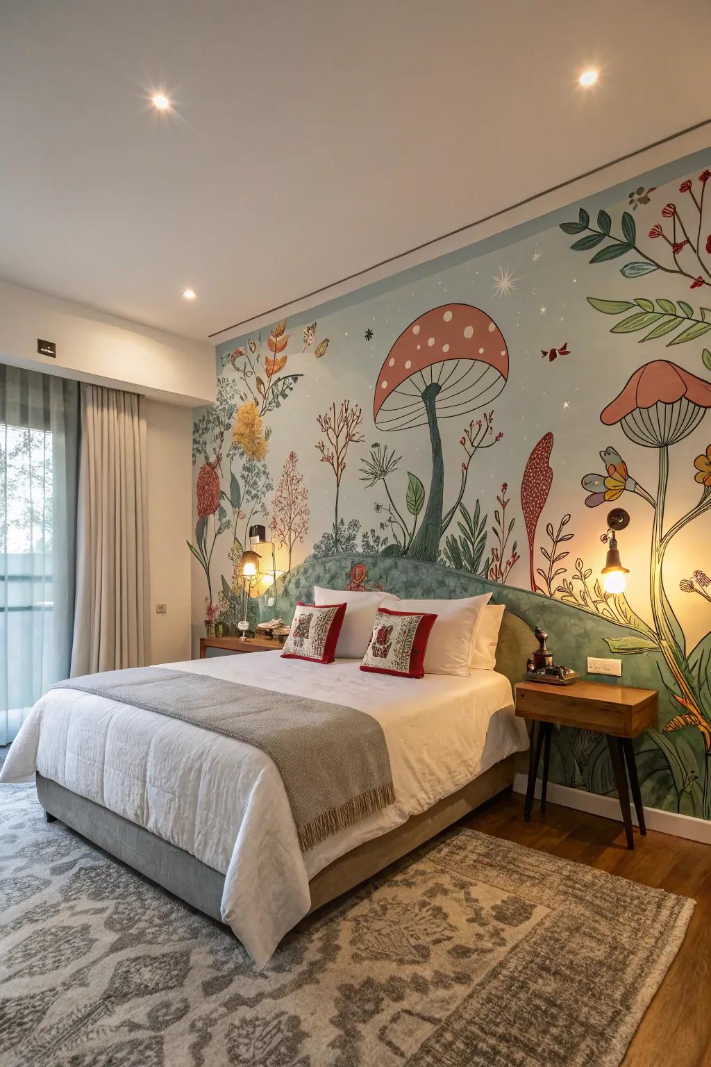 Wall murals create a bold and unique statement in your bedroom.