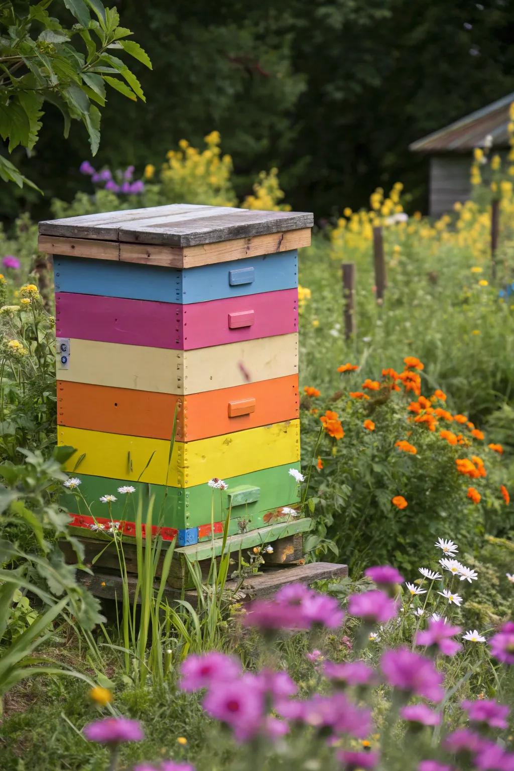 A brightly colored bee hive with rainbow stripes, adding a pop of color to the garden.