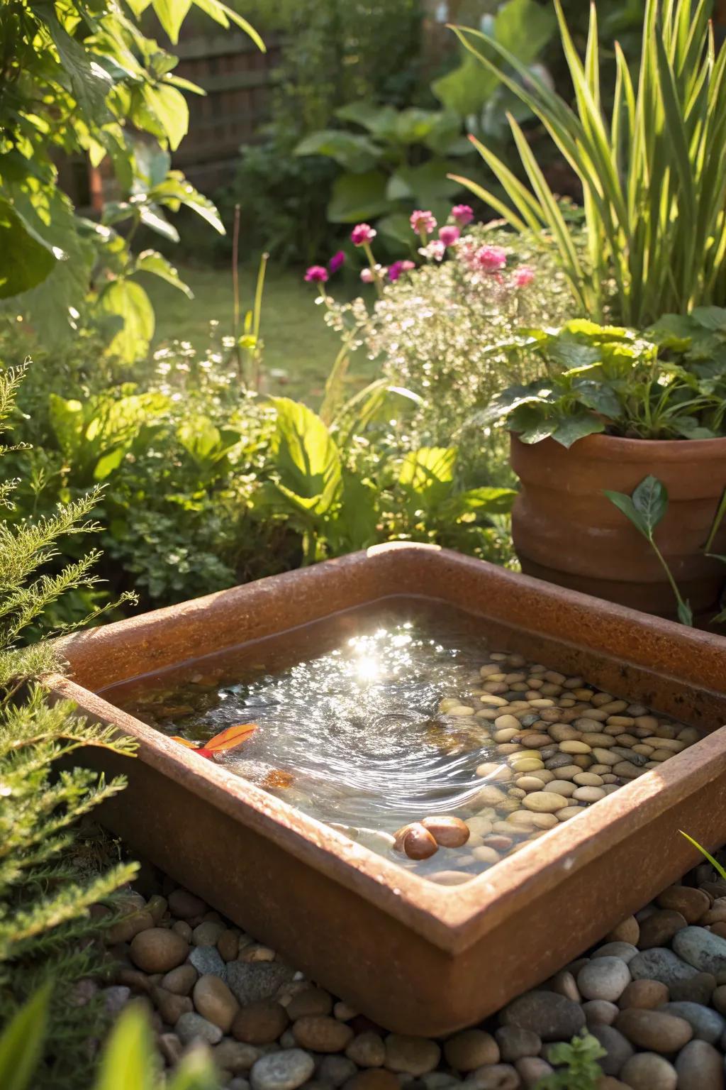 A terracotta tray offering a classic bee watering solution.