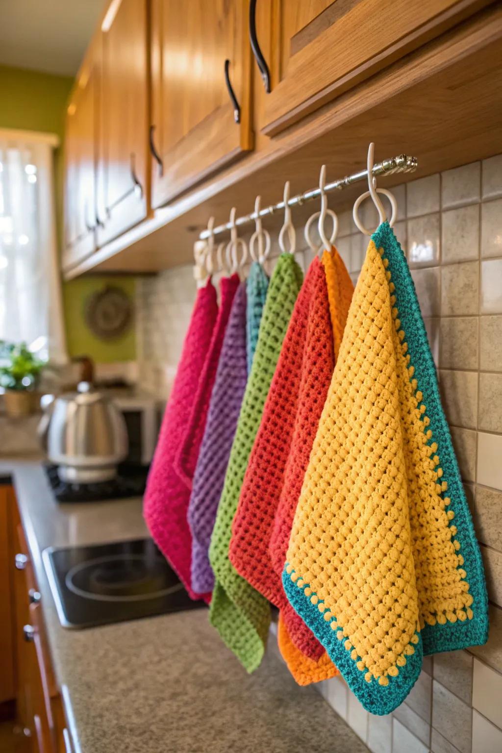 Handmade crochet potholders add function and flair to your kitchen.