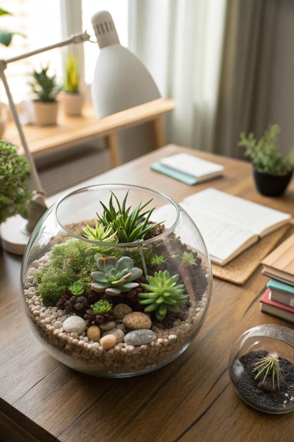 A decorative plant terrarium that brings a touch of greenery indoors.