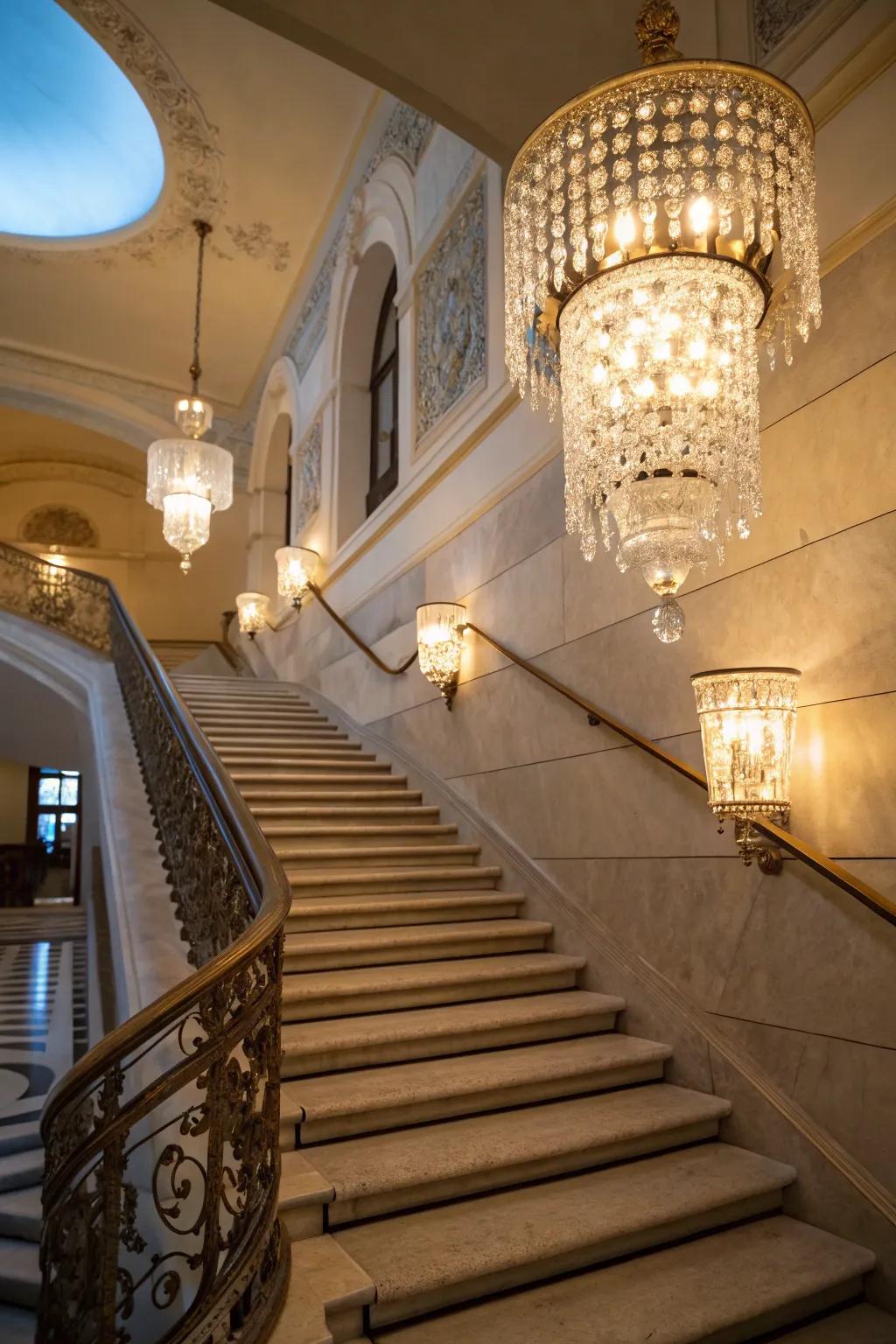 Crystal sconces add opulence and shimmer to a staircase.