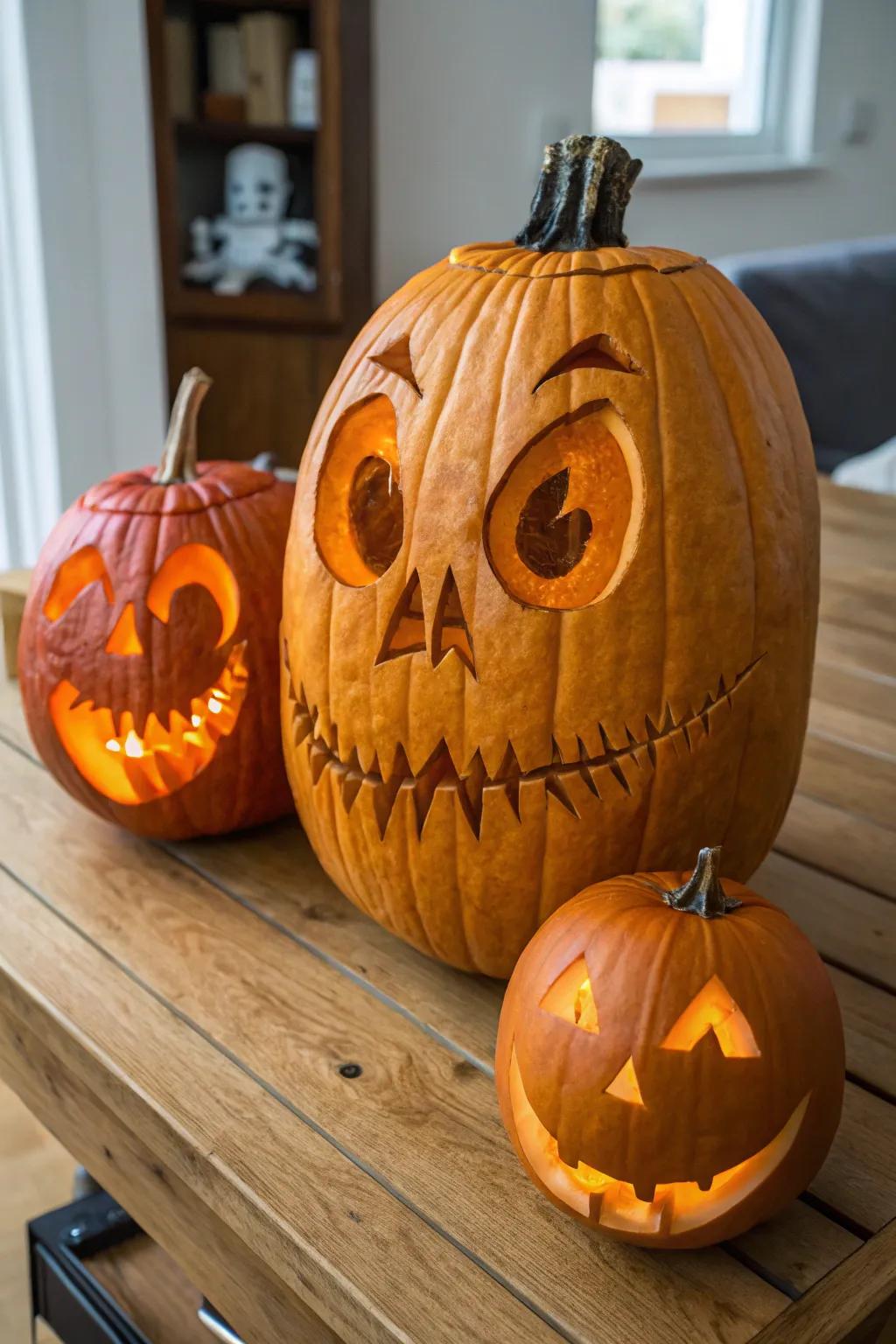 A trio of grinning jack-o'-lanterns, each with its own personality.