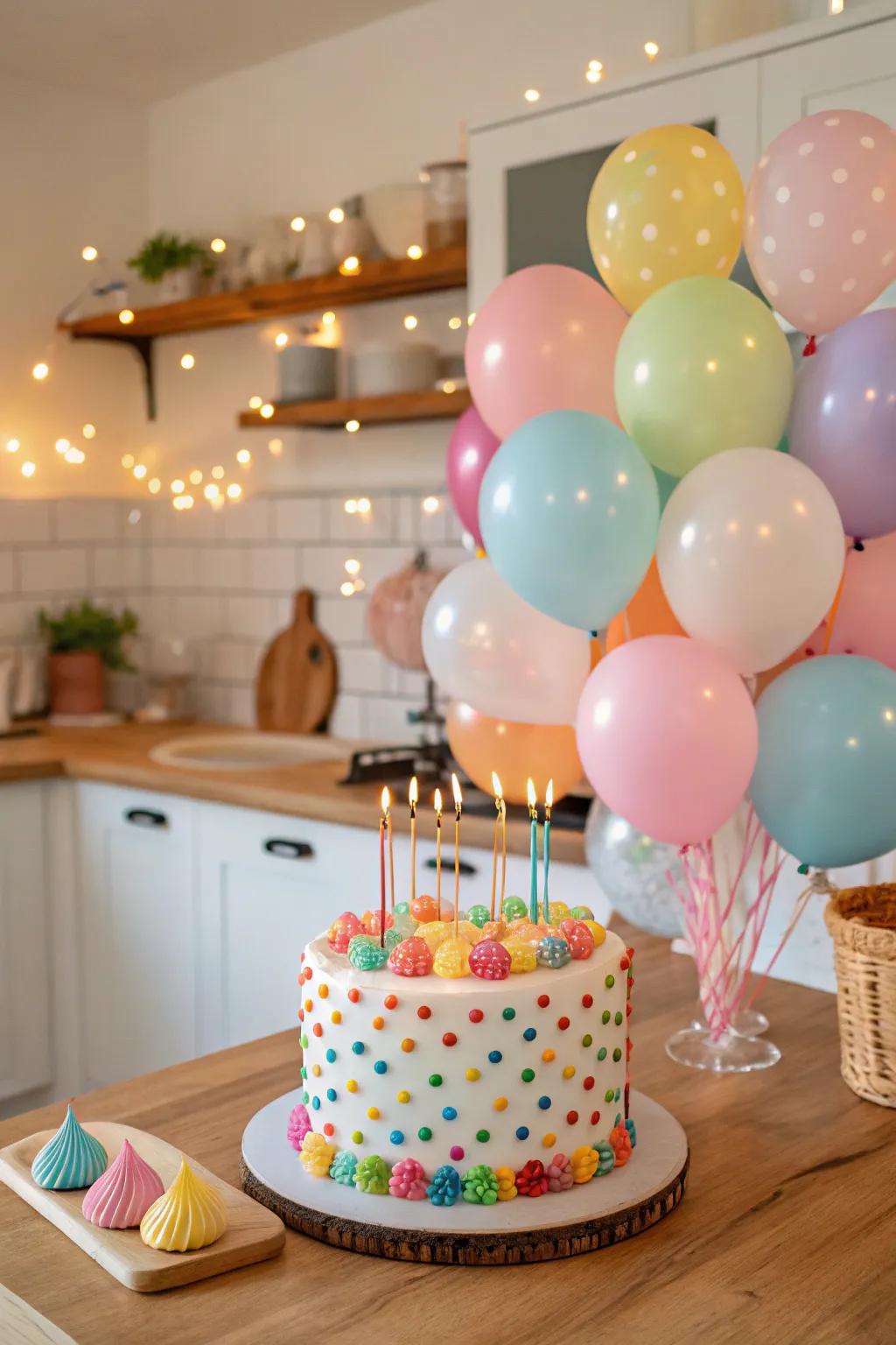 Mini balloon cake toppers add a playful touch to a beautifully decorated birthday cake.