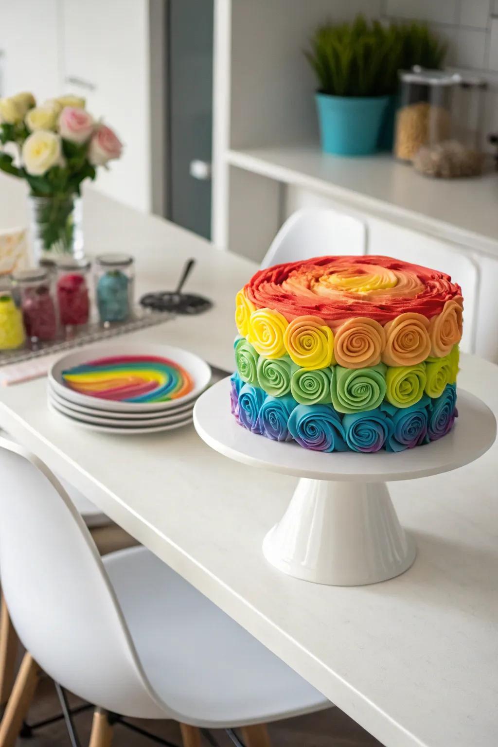 A cake with vibrant rainbow swirls, a feast for both the eyes and taste buds.