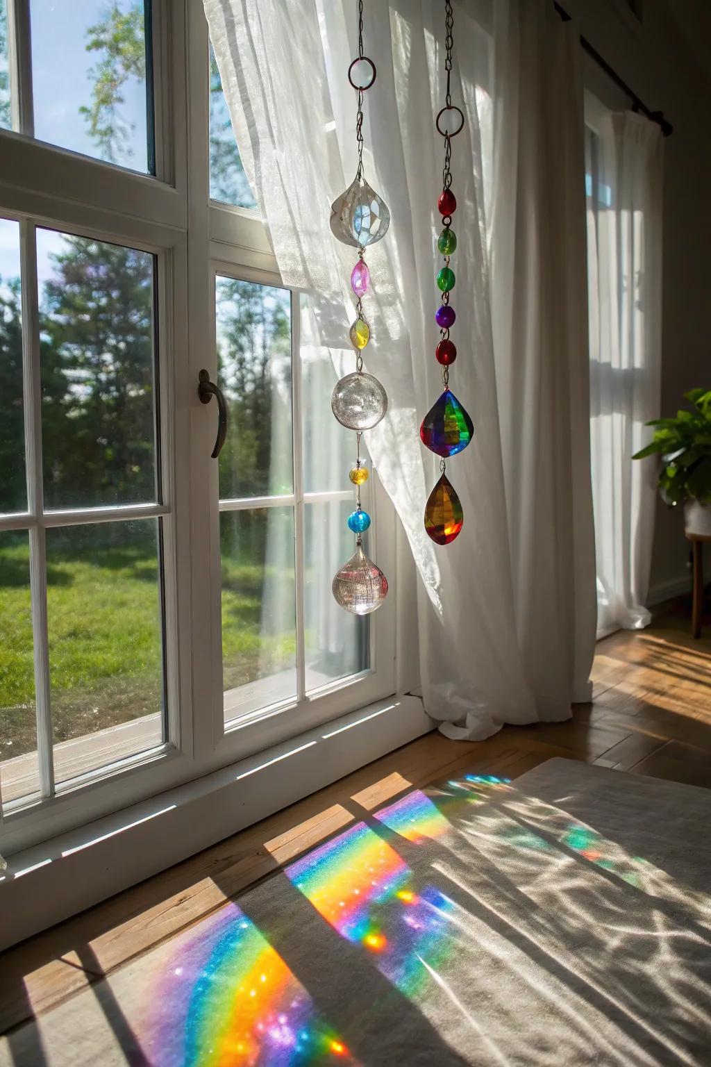 Beautiful suncatchers casting colorful shadows in the sunlight.