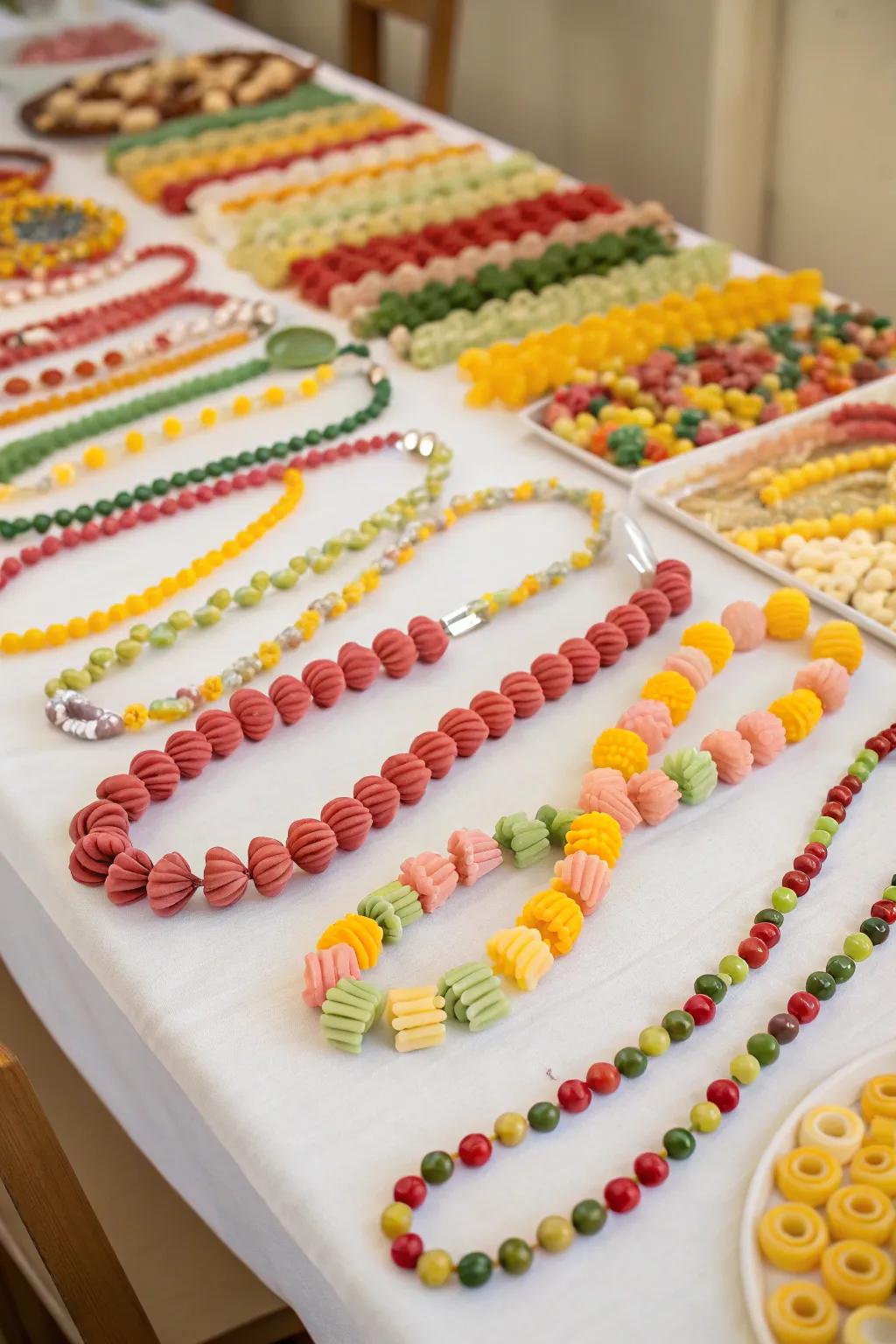 String together a masterpiece with rainbow pasta necklaces.