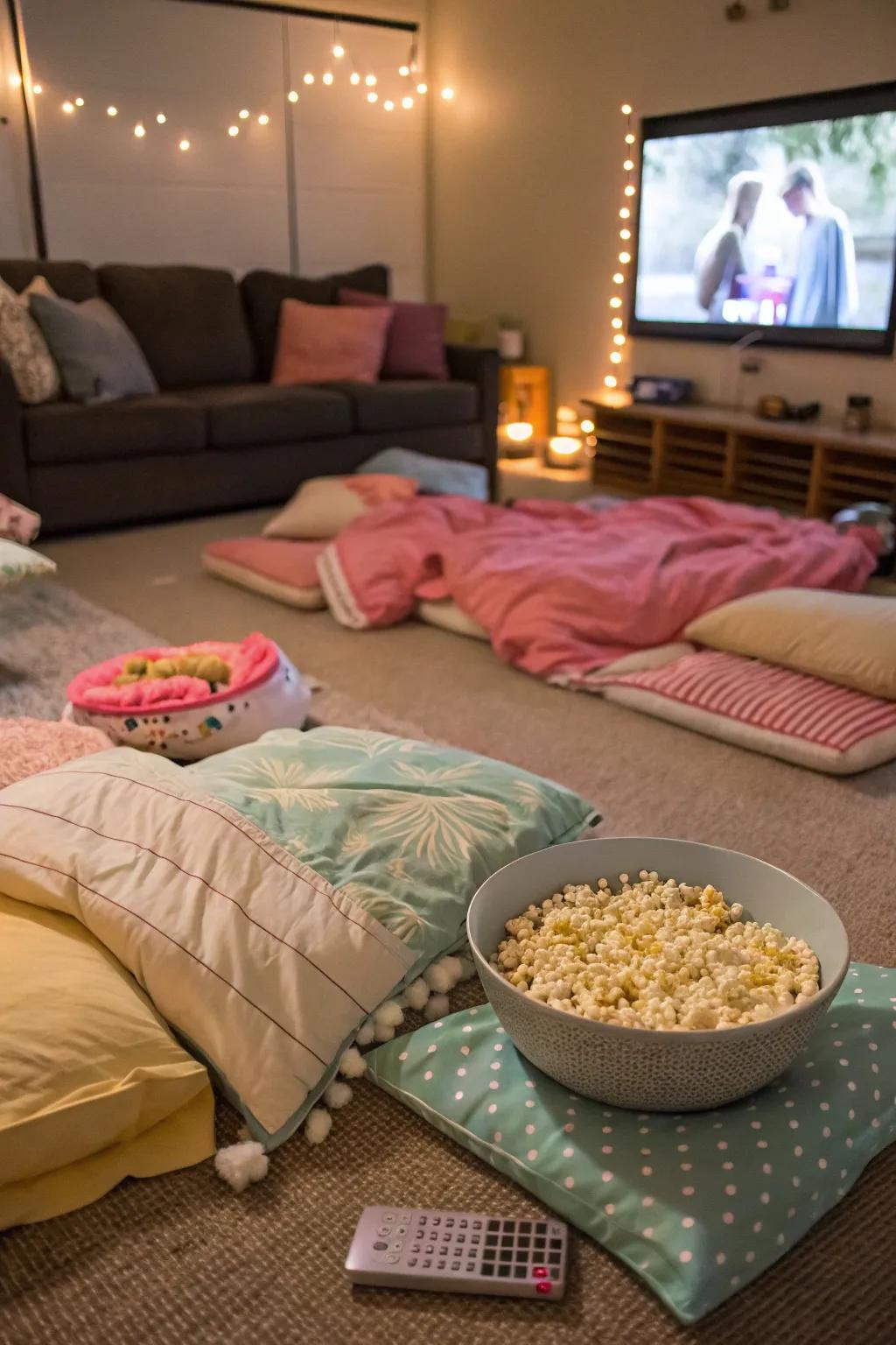 A slumber party setup with sleeping bags and a movie night ambiance.