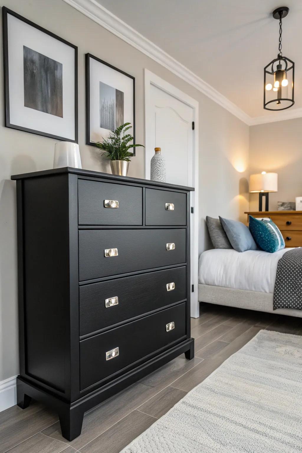 Contrasting hardware adds a subtle touch to a modern black dresser.