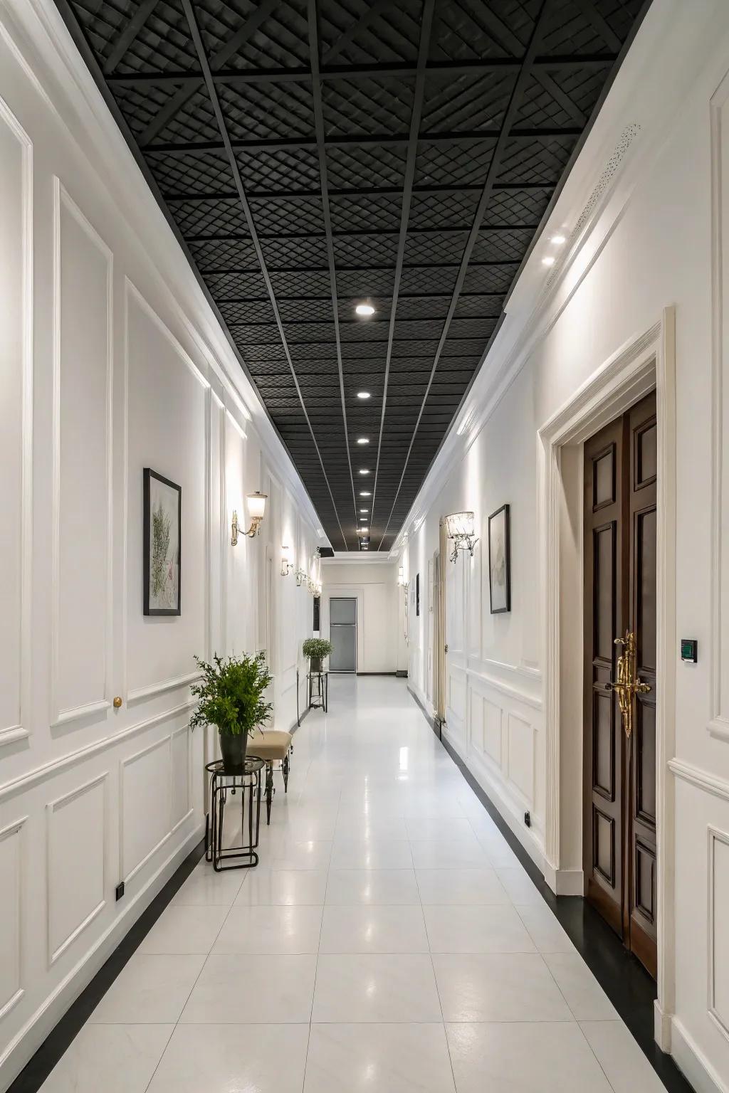 A black ceiling adds depth and intimacy to this hallway.