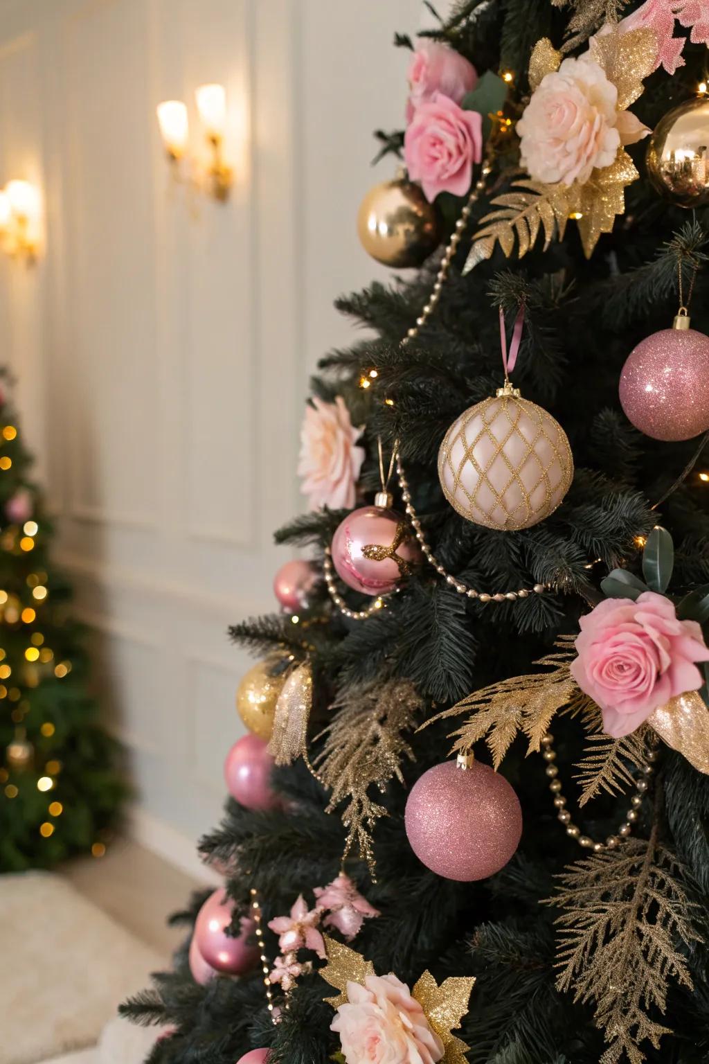 A vintage-inspired black Christmas tree with pink and gold accents.