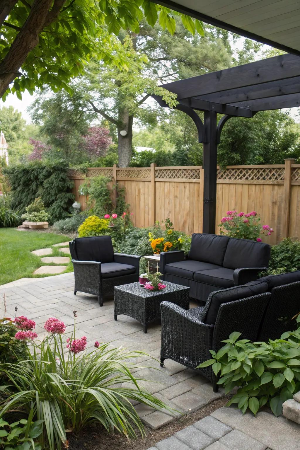 A modern patio with black furniture, blending elegance with the outdoors.