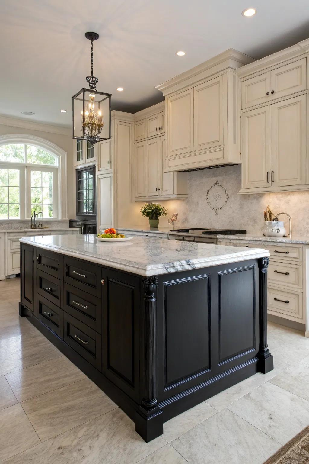 A dramatic black kitchen island that anchors and elevates the space.