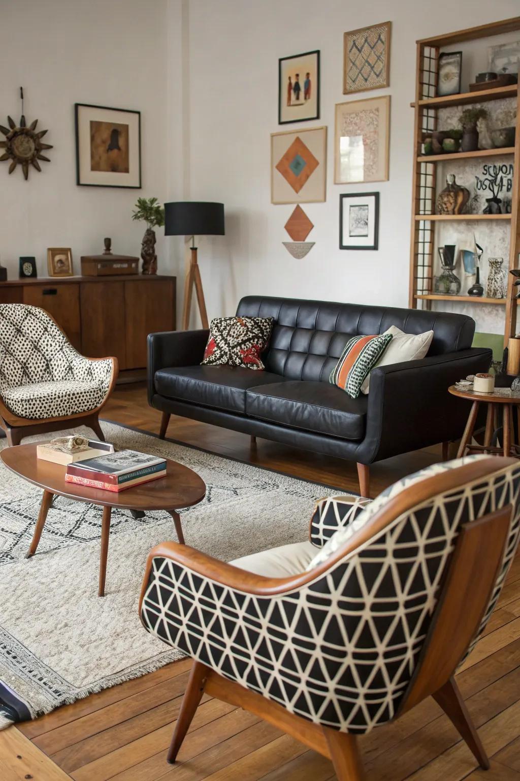 Midcentury modern style brings retro elegance to the black leather sofa.