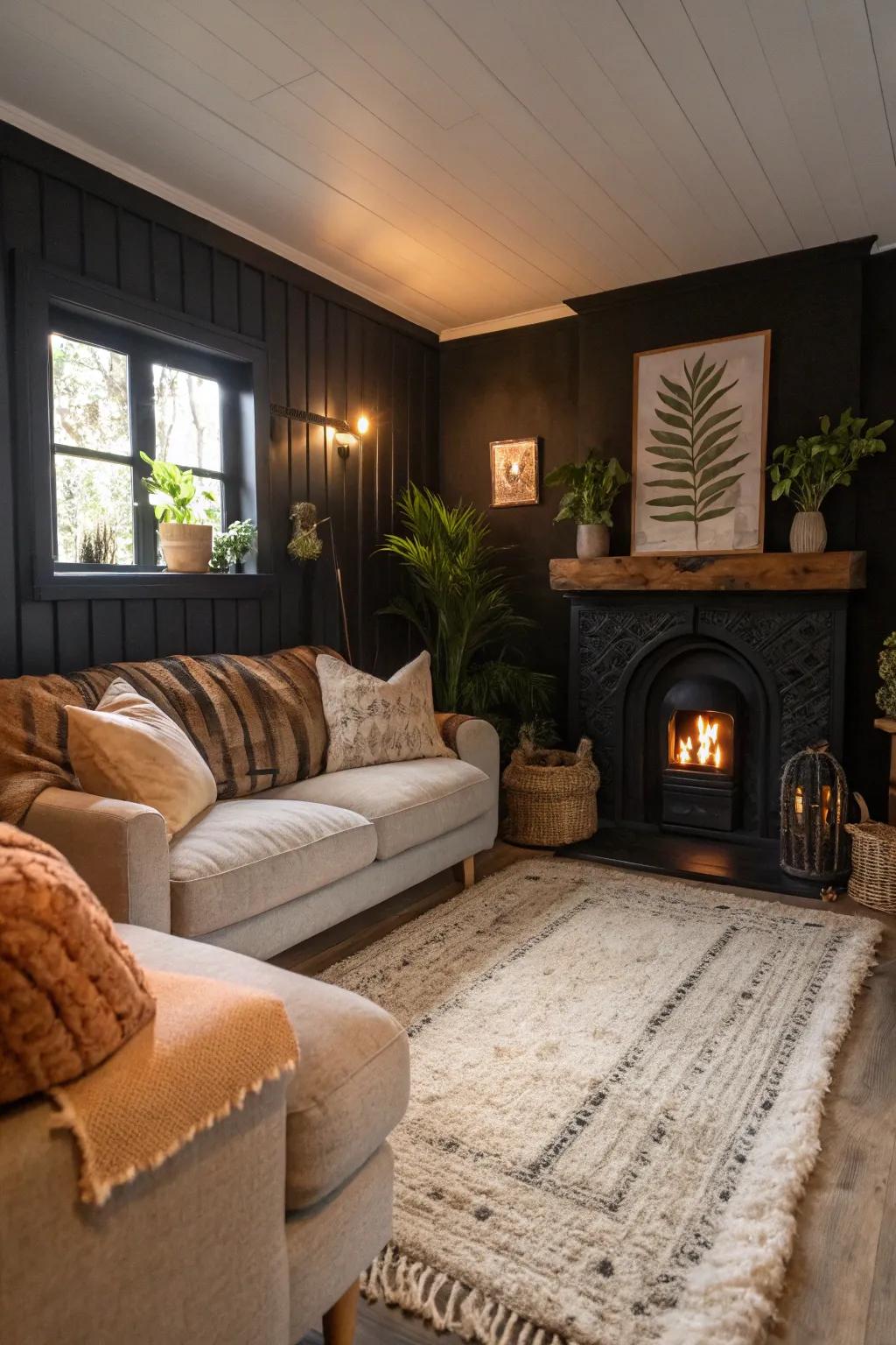 A small black living room that feels both cozy and spacious.